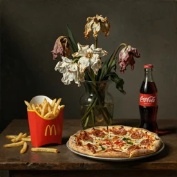 dutch golden age still life, fast food, fries, pizza, coca cola, withered flowers, otto marseus van schrieck still life, dutch golden age painting, dramatic lighting, cinematic lighting, willem van aelst still life, elias van den broeck painting still life, christiaen striep still life, rachel ruysch flowers, oil on canvas