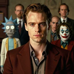 Guy who's a combination of Travis Bickle, Tyler Durden, Rick from Rick and Morty, The Wolf of Wall Street, Scarface, Don Draper, Walter White, the guy from A Clockwork Orange, The Joker and Patrick Bateman but he's an iconoclast, 70mm film screenshot, trending on IMDb