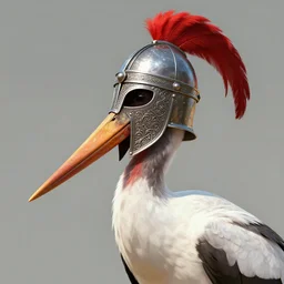 long - necked stork wearing a medieval full - coverage metal helmet with filigree details, red feathers on top, digital art