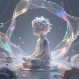 a mind sitting in the center of a iridescent multi dimensional latent space conceptualizing our collectively designed divine imagination, 4 k, ultra high quality surrealism
