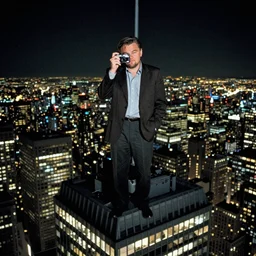 Leonardo DiCaprio on the top of the world trade center, 25mm camera, 1990's, night time.