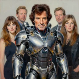 portrait of bob ross wearing cybernetic power armor. intricate painting by ross tran, magali villeneuve, and jeremy mann.