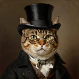 portrait of a tabby cat wearing a top hat and glasses, 1700s oil painting