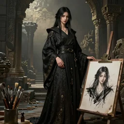 traditional brushes strokes test, costume design from luxury house designers, sophisticated composition, old masters light composition, procedurally generated, dark mage girl character posing for concept art, ancient ruins behind her, substance designer, PBR, HD, Ultra detailed, hyperrealistic, megascans, volumetric light, concept by master artist, made in paint tool SAI2, trending pixiv face