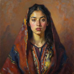 detailed portrait in daring femininity, northern ethnic, statuesque, confident realistic face, warm glow, bathed in morning light, chiaroscuro, painterly, radiosity, impressionism, textiles color medley, warm earthy natural color scheme with contrasting highlights, modern fashion, contemporary art, deep rich hues, oil on canvas