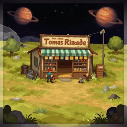 in front of a general store, in a remote outpost, on an alien planet, from a space themed point and click 2 d graphic adventure game, set design inspired slightly by tomb raider, art inspired by [ [ thomas kinkade ] ] and [ [ mark keathley ] ] and greg rutkowski