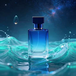 blue perfume bottle surrounded by turquoise water droplet and galactic waves, lonely world still shining through faintly rainbow led lights, beautiful surreal scenery artwork pixiv. soul dust. unthinkable dream sublime god lighting, sun rays, cold colors. insanely detailed, artstation!! pixiv!! infinitely detailed created by god