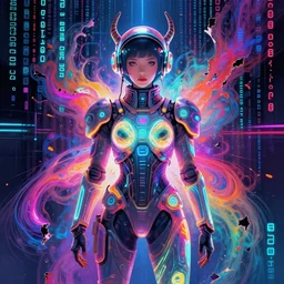 astronaut girl wearings futuristic lighting wardrobe behind a wall of matrix, cyberpunk in synthwave aesthetic, sci - fi, illustration by atey ghailan, by greg rutkowski, by greg tocchini, by james gilleard, by joe gb fenton, symmetrical features, royally decorated, organic, whirling gasses, colorful torn nebulas, radiant vibrant colors