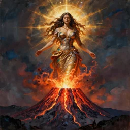 a beautiful matte painting of a giant woman using an active volcano as a dress