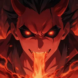 key anime visual of a devil with glowing black eyes; lava flowing; close up shot; trending on Pixiv