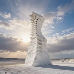 wide landscape photo of a tall white desert rock formation shaped like a human vertebrae!!!!!!!!