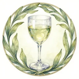 elven art nouveau glass of wine watercolor painting in the center of a circular frame of leaves, art by walter crane and arthur rackham, illustration style, watercolor