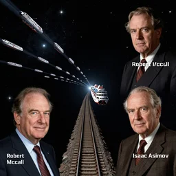astrophotography of a rail network between stars, traveled by hundreds of ships by robert mccall and isaac asimov