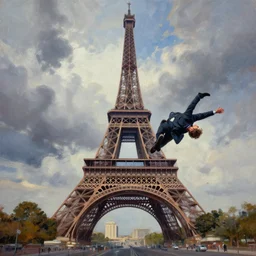 expressive oil painting of a man falling off the Eifel tower, dramatic digital art, epic, stunning background