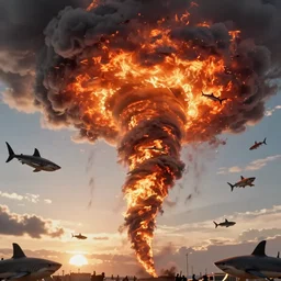 photo of a flaming tornado with flaming sharks in it, sharknado, low angle shot, 8 k, hdr, the birds, alfred hitchcock