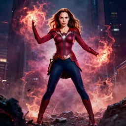 Angelina Jolie as Scarlett Witch Scarlett Witch doing chaos magic chaos magic, marvel, photorealistic, 4k, HDR, full body photograph
