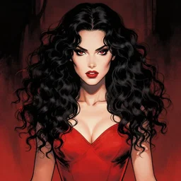 artgerm, joshua middleton comic cover art, pretty alyson hannigan, evil dead demon, evil dead movie, red dress, symmetrical eyes, symmetrical face, long curly black hair, cinematic lighting