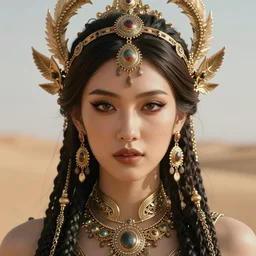 portrait of desert goddess, intricate, sharp focus, octane render, detailed, beautiful, unreal engine, symmetrical!!, loreal, maybelline, sephora, loreal, artstation, art by karol bak, art by artgerm, rossdraws, makeup by pat mcgrath, cinematic, concept art, filmic, vsco