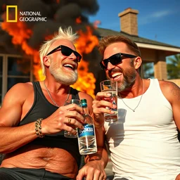 duke nukem with duke nukem, both wearing tank tops, sunglasses, drinking vodka, laughing at their house being on fire, high quality, very detailed, a beautiful photo, national geographic quality