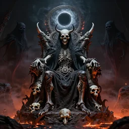 death metal god sitting on a throne of bones, cinematic lighting, black hole halo, demon ghosts around, lava mist, surreal, haunted, in the photographic style of james nachtwey, 8 k, detailed, ornate, complicated