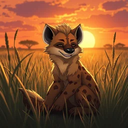 anthropomorphic hyena fursona sitting in between the grass in savannah lit by the sunset, furry art, trending on artstation, digital art, kawacy, trending on furaffinity