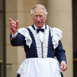 prince Charles playing the role of a pantomime Dame