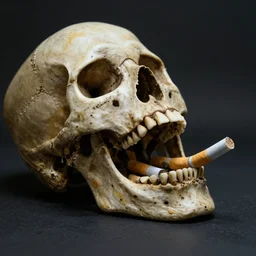 human skull laying on its back with mouth open with cigarette butts inside