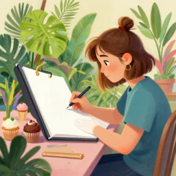 a cartoonist painting of tropical plants and cupcakes by lisa frank, behance, airbrush art, digital painting