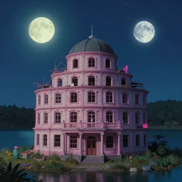 unfinished building by wes anderson, lake evil uv light alien cgsociety studio ghibli moon neon signs myst atlantis magic realism morning sun hyperrealism meadow infrared forest neon noir sunlight thermal imaging thermal vision, archdaily, wallpaper, highly detailed, trending on artstation.