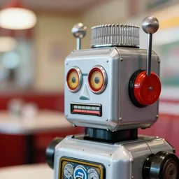 zoomed out profile face portrait of a high quality presentation photo of a retro toy robot in 1 9 5 0 s diner, nicoletta ceccoli, mark ryden, lostfish, photography 4 k, f 1. 8 anamorphic, bokeh, 4 k, canon, nikon
