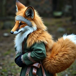 a medieval anthropomorphic fox with a fluffy tail as a fursuit, cosplay