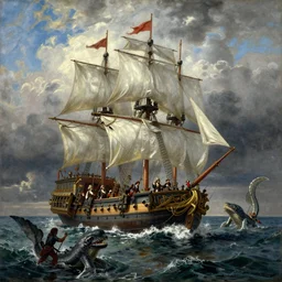 19th century oil painting depicting the flying dutchman ship being attacked by a kraken from pirates of the Caribbean in the style of