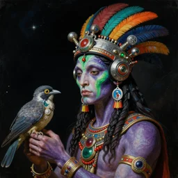 a baroque close - up portrait of a purple and green fantasy alien cyborg shaman god wearing facepaint and a colorful futuristic aztec headset with metallic technology, holding a bird. cosmic black background. studio lighting. highly detailed science fiction fantasy painting by norman rockwell, moebius, frank frazetta, syd mead, and sandro botticelli. high contrast. renaissance masterpiece. artstation.