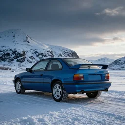a blue 1997 opel calibrate with a rear spoiler in northern Norway at winter by Ludwig Deutsch and  Rudolf Ernst,  snow and ice, low sun, cold, strong dramatic cinematic lighting, lost civilizations, smooth, sharp focus, extremely detailed