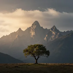 award winning landscape photography by colin prior, lone tree in foreground with jagged mountains in background, morning light, dramatic lighting, clouds, atmospheric - w 1 0 2 4