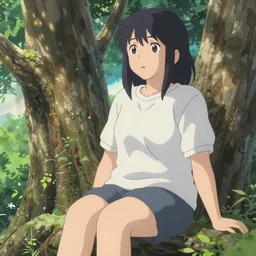 pretty girl sitting in a tree, makoto shinkai, Krenz Cushart, very detailed, matte, tone mapping, bbwchan, 4K