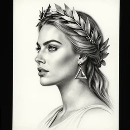 side view realism tattoo sketch of margot robbie as a beautiful greek goddess aphrodite with piercing eyes wearing a laurel wreath and triangle earrings, in the style of greg rutkowski, amazing detail