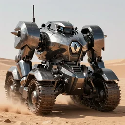 a concept art of a renault war mech, highly detailed, fine art, digital art, desert scenery on the background, renault armour, renault logo on the chest, dark shinny metal, aggressive look, trending on artstation by famous artists
