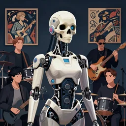 portrait of a cyberpunk robotic female artist, rock band, half skull, music, slender, beautifully detailed, lighting, smooth, elegant, award winning, cgsociety, pixiv, by sachin teng and pascal blanche and alphonse mucha and nekro and josan gonzalez, in style of vector art.