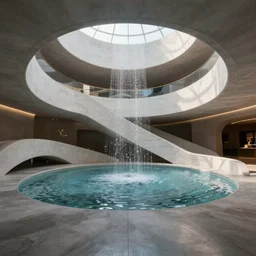 extremely detailed stunning curvilinear museum interior with water centered sculpture piece