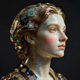 looking away ( ( bit flip god of ai art ) ), neuromancy, rene lalique, highly detailded,, by william - adolphe bouguerea, ( ( mutually assured digital destruction ) ) by gustav klimpt, cpu gpu wafer, glitch art