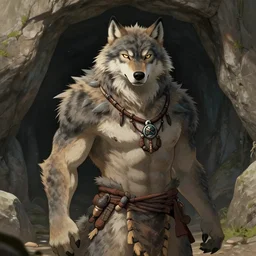 burly tough character feature portrait of the anthro male anthropomorphic wolf fursona animal person wearing tribal primitive caveman loincloth outfit full wolf fur body standing in the entrance to the cave, head and shoulders framed action shot character design stylized by charlie bowater, ross tran, artgerm, makoto shinkai, detailed, soft lighting, rendered in octane