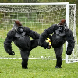 a gorilla kicking a ball towards the rival goal, vivid
