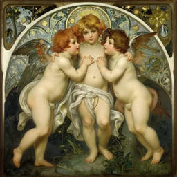 an idyllic scene with cherubs in the style of bouguereau, art nouveau, symbolism, oil on canvas, highly detailed, naturalism, magic