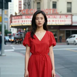 a colored photorealistic photo of a chinese canadian girl elisa lam wearing a everyday dress that is red at the cecil hotel in los angeles
