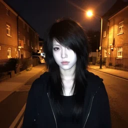 A 2006 photograph of a pale emo girl with black hair on a British council estate at night, with orange street lights
