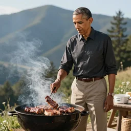 obama grilling meat in a barbecue outside, sunlight, natural lighting, nature, mountain, barbecue, professional photography, 5 0 mm