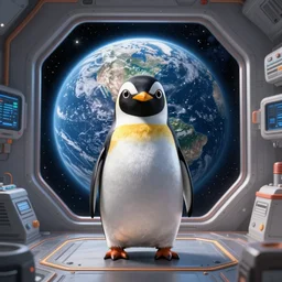 magical penguin in a space station looking at the earth , realistic cinematic, volumetric lighting, centered, symmetrical, sharp focus, digital painting, mystical art, smooth, 4k