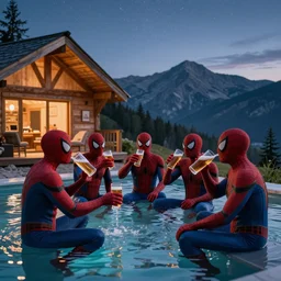 several spidermen sitting in infinity pool drinking beers finnish cabin environment. mountain background. photorealistic. ultra realistic. ultra high definition. 8 k. evening. starry sky.
