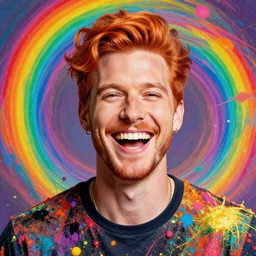 a portrait of a laughing man with ginger hair, by ross tran, psychedelic, rainbow, swirling splattered colors